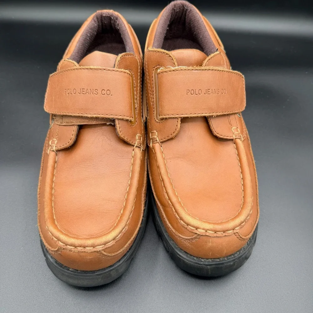 Polo Jeans Co Ralph Lauren Mens 11D Tan Leather Boat Shoes Hook Loop Strap